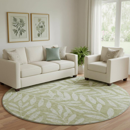 8' Artichoke Green And Beige Floral Washable Round Rug With UV Protection