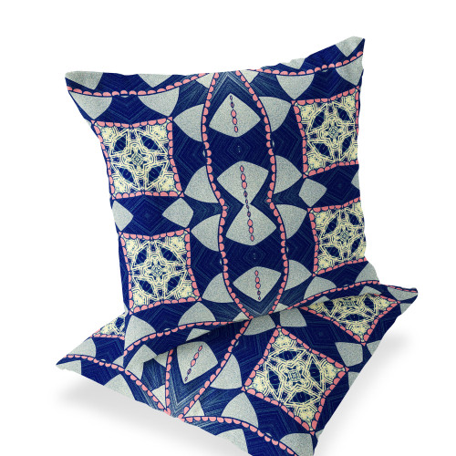 Set of Two Indigo And Pink Abstract Indoor Outdoor Throw Pillow