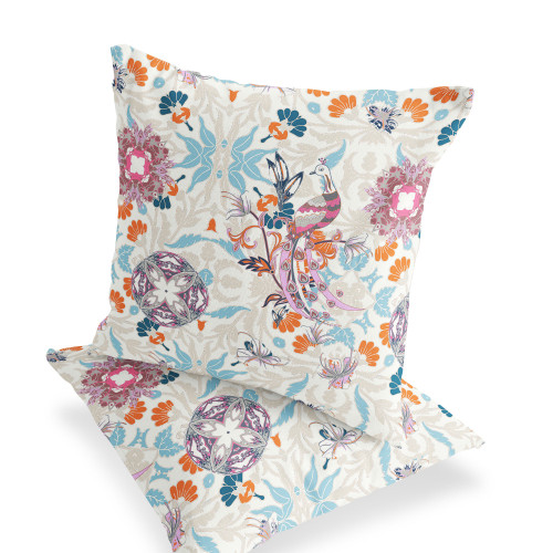 Set of Two Off White And Sky Blue Peacock Indoor Outdoor Throw Pillow