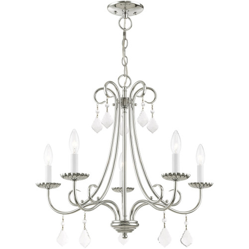 Silver And Clear Five Light Metal Dimmable Chandelier With Shades