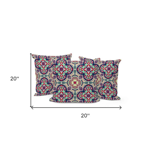 Set of Three Maroon And Green Floral Indoor Outdoor Throw Pillow