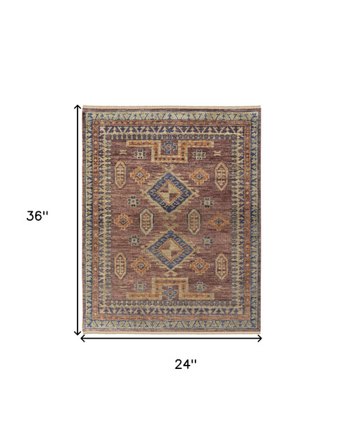 2' X 3' Blue Red and Tan Wool Geometric Hand Knotted Area Rug With Fringe