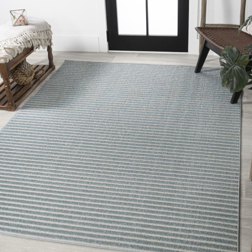 8' X 10' Blue And Ivory Striped Indoor Outdoor Area Rug