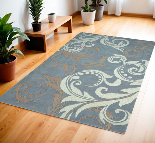 4' X 6' Ivory Slate Blue and Taupe Floral Area Rug