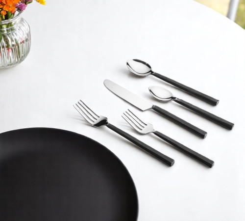 Matte Black Stainless Steel Five Piece Hand Forged Flatware Set