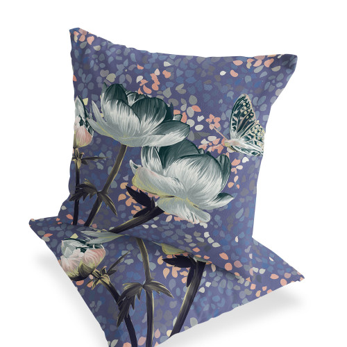 Set of Two Dark Green Gray And Black Floral Indoor Outdoor Throw Pillow