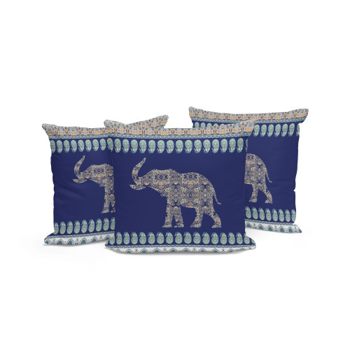 Set of Three Navy Blue Elephant Indoor Outdoor Throw Pillow