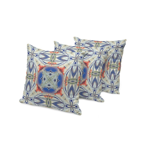 Set of Three Cream Peach And Blue Floral Indoor Outdoor Throw Pillow