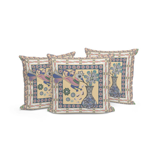 Set of Three Beige Pink And Green Peacock Indoor Outdoor Throw Pillow