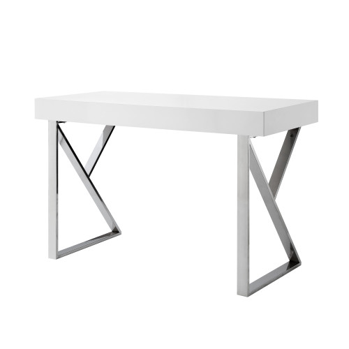 48" White and Silver Wood and Stainless Steel Writing Desk With Two Drawers