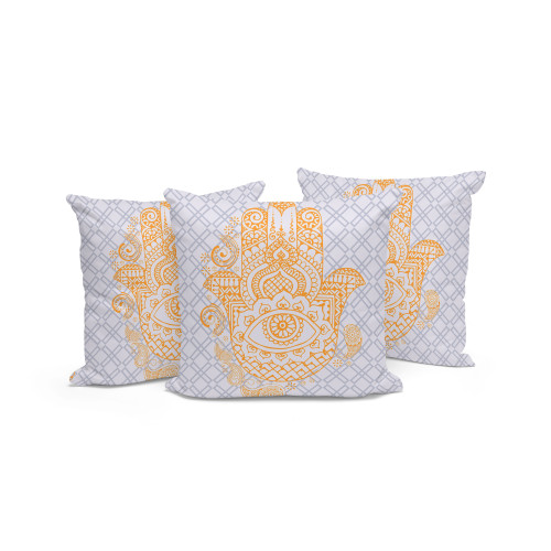 Set of Three Gray And Gold Hamsa Indoor Outdoor Throw Pillow