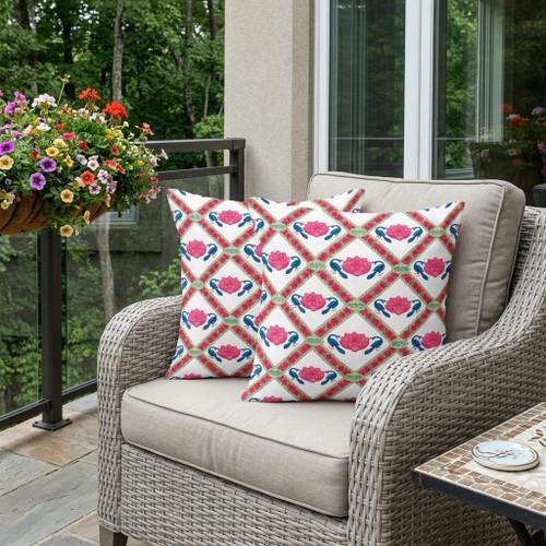 Set of Two Pink Blue And White Floral Indoor Outdoor Throw Pillow