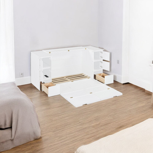 White Wood Full Murphy Bed With USB