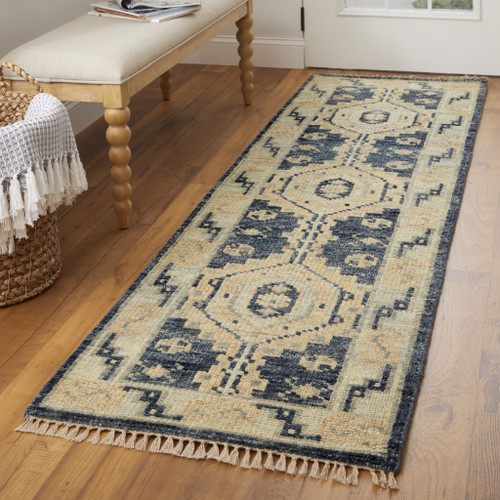 8' Blue and Ivory Wool Geometric Hand Knotted Runner Rug With Fringe