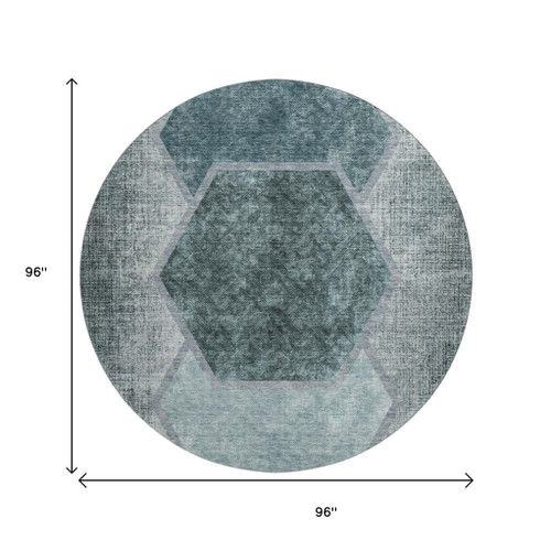8' Teal And Ivory Geometric Washable Round Rug With UV Protection