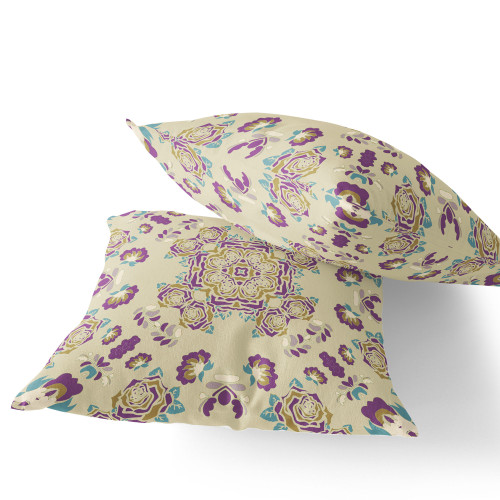 Set of Two Off White And Purple Botanical Indoor Outdoor Throw Pillow