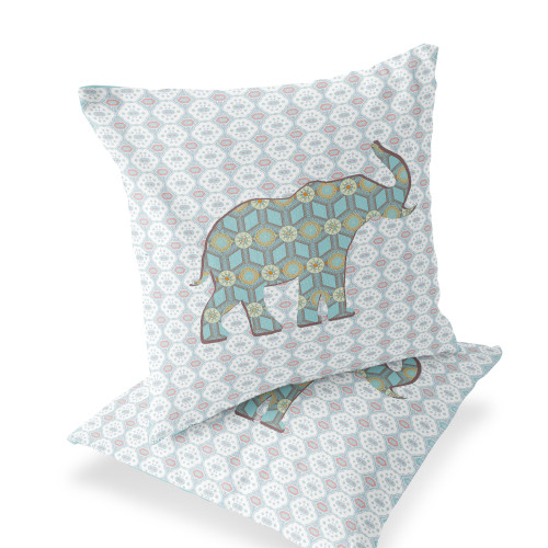 Set of Two Light Blue And White Elephant Indoor Outdoor Throw Pillow