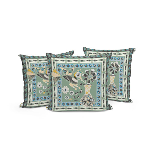 Set of Three Green And Black Peacock Indoor Outdoor Throw Pillow