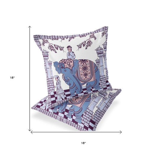 Set of Two Blue Purple And Off White Elephant Indoor Outdoor Throw Pillow