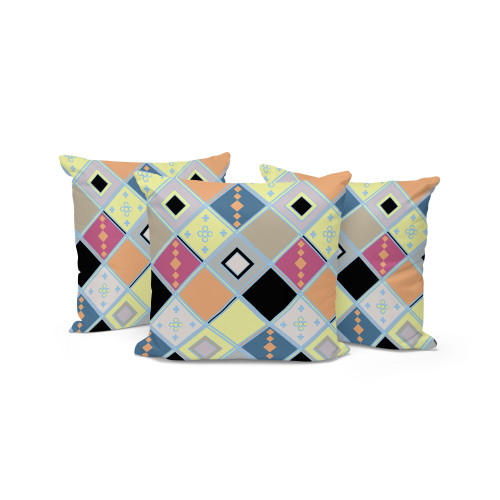 Set of Three Yellow And Pink Diamond Indoor Outdoor Throw Pillow