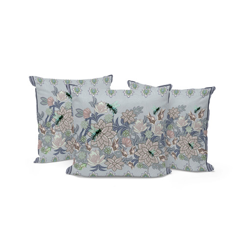 Set of Three Gray Purple Brown And Green Bee Floral Indoor Outdoor Throw Pillow