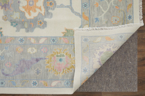 6' X 9' Gray Ivory and Orange Wool Floral Hand Knotted Area Rug With Fringe