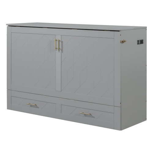 Gray Wood Queen Murphy Bed With Drawers