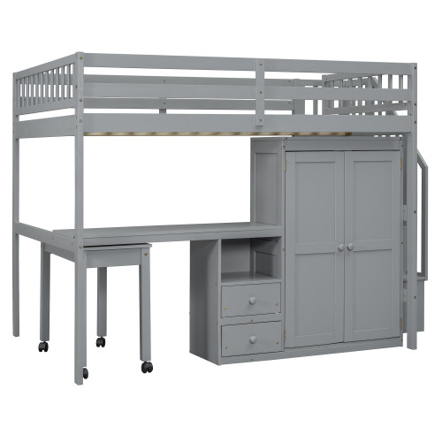 Gray Slat Wood Full Double Loft Bed with Stairs and Desk and Shelves