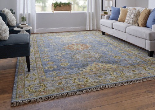 2' X 3' Green Blue and Yellow Wool Geometric Hand Knotted Area Rug With Fringe