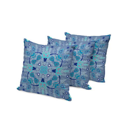Set of Three Blue Abstract Indoor Outdoor Throw Pillow