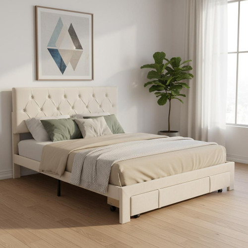 Beige Tufted Velvet Upholstered Queen Bed Frame With Drawer