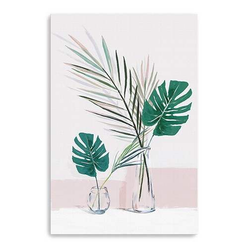 Homeroots Home Decor 36" Pretty Green Foliage Leaves Pink Canvas Wall Art, Pink Background