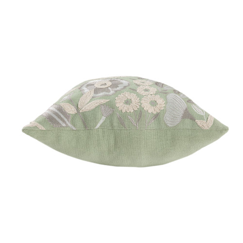20" Green And Ivory Floral Cotton Throw Pillow with Embroidery