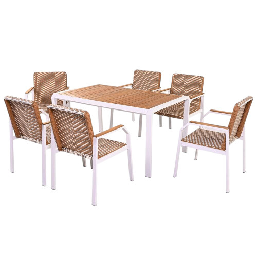 Seven Piece Natural and White Wood Dining Set with Six Chairs