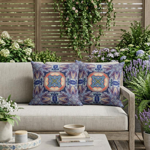Set of Two Sky Blue Indigo And Peach Floral Indoor Outdoor Throw Pillow