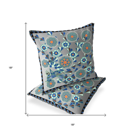 Set of Two Gray Orange And Black Peacock Floral Indoor Outdoor Throw Pillow