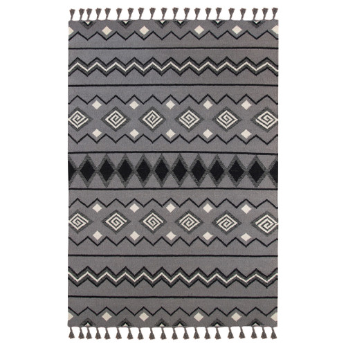 8' X 10' Gray White And Black Wool Tribal Flatweave Handmade Area Rug With Fringe