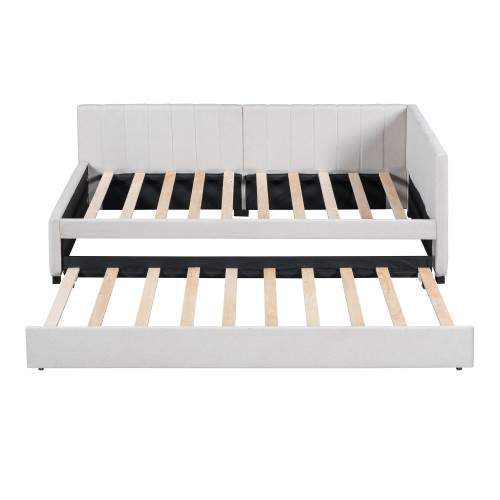 Beige Tufted Linen Upholstered Twin Day Bed With Trundle