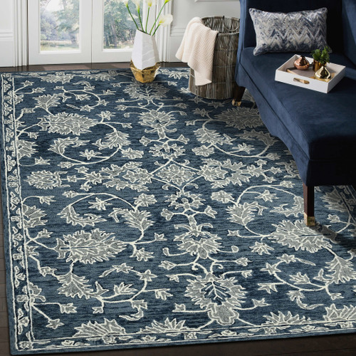9' X 13' Teal Gray And Ivory Wool Floral Medallion Hand Hooked Area Rug