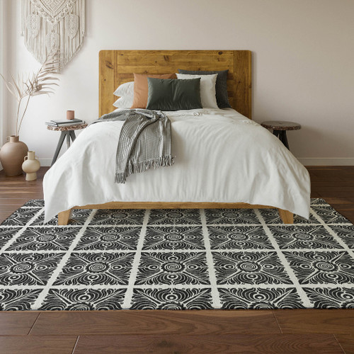 5' X 8' Ivory And Black Medallion Washable Area Rug With UV Protection