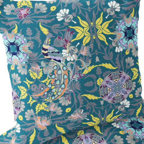 Set of Two Green And Yellow Peacock Indoor Outdoor Throw Pillow