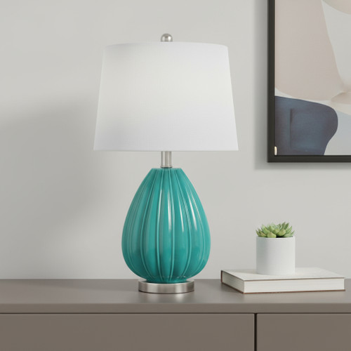 23" Teal Blue And Silver Glass And Metal Novelty Table Lamp With White Drum Shade