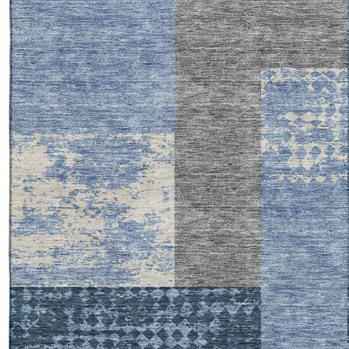 10' X 14' Denim Blue Ivory And Gold Geometric Washable Area Rug With UV Protection