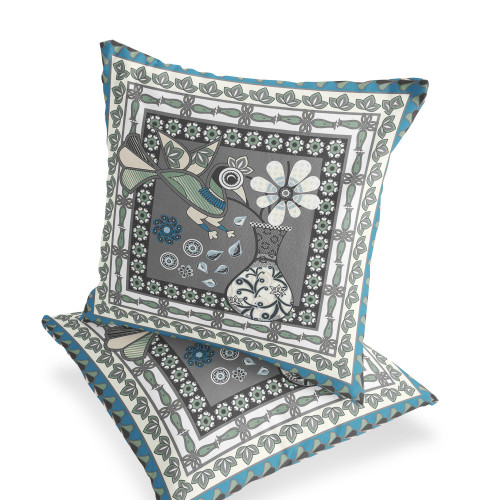 Set of Two Gray Black And White Peacock Indoor Outdoor Throw Pillow