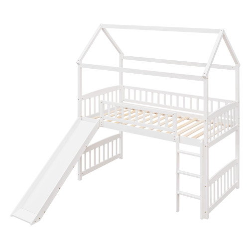 White Canopy Solid Wood Twin Loft Bed With Slide