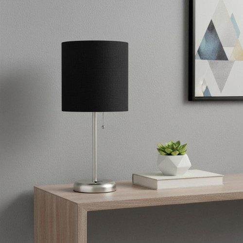20" Silver USB Table Lamp With Drum Shade