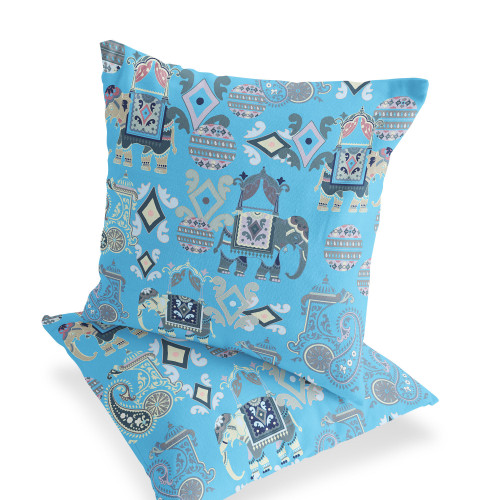 Set of Two Blue And Gray Elephant Indoor Outdoor Throw Pillow