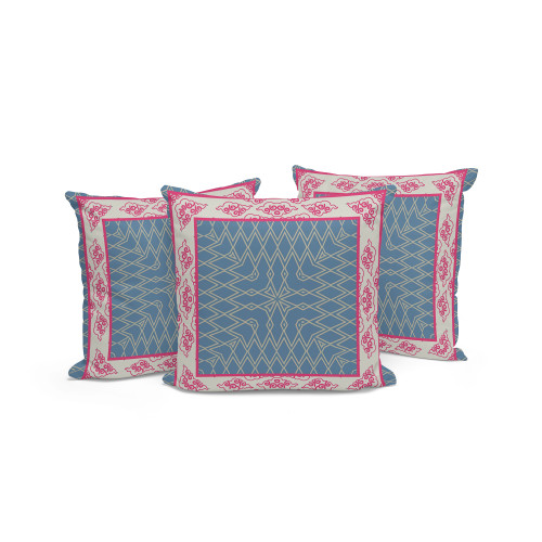 Set of Three Pink And Blue Geometric Indoor Outdoor Throw Pillow