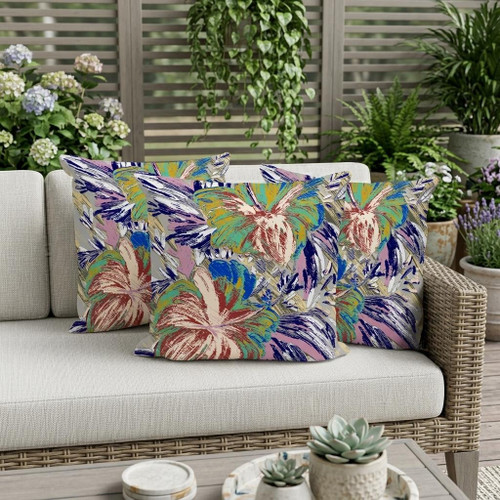 Set of Three Green And Purple Floral Indoor Outdoor Throw Pillow