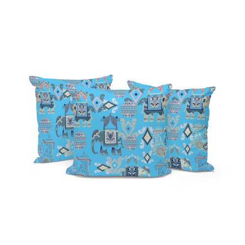 Set of Three Blue And Gray Elephant Indoor Outdoor Throw Pillow
